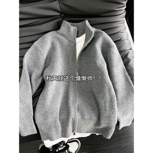 重磅秋冬北极绒双拉链毛衣开衫美式复古休闲慵懒风宽松针织衫外套图片