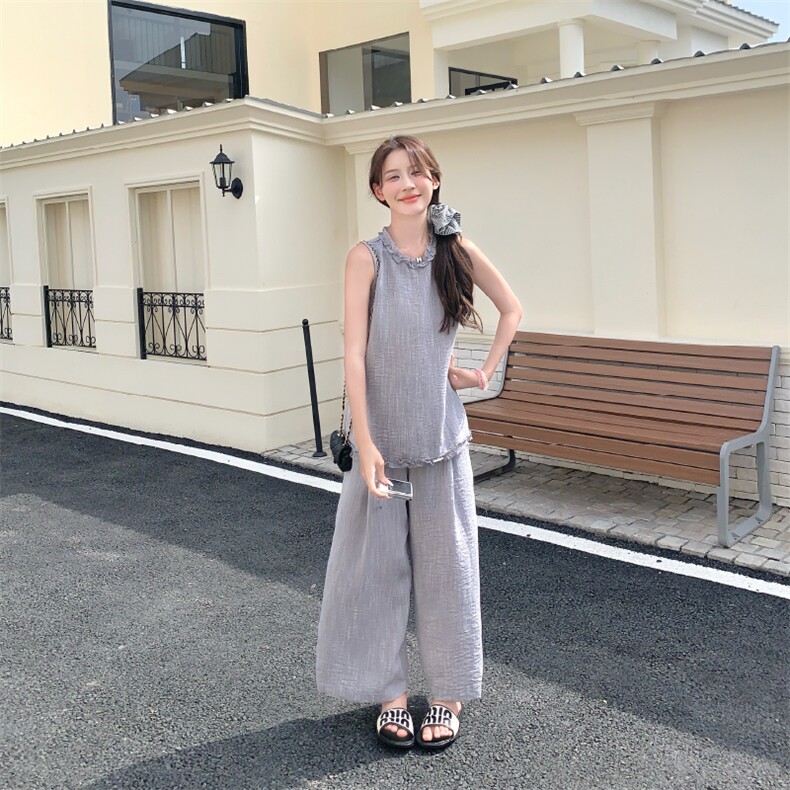 木耳边蓝色无袖衬衫阔腿裤套装女夏ootd穿搭减龄两件套爆款高级感,女装套装/套裙,2D146