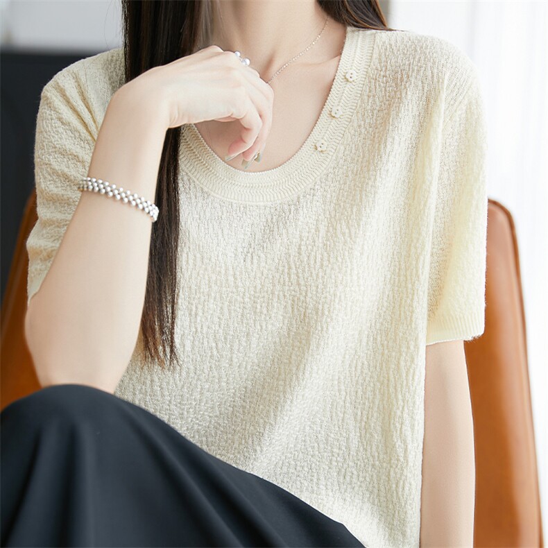 夏季新款V领莱赛尔天丝针织短袖女纯色百搭半袖上衣宽松T恤打底衫,针织衫/毛衣,唐诺