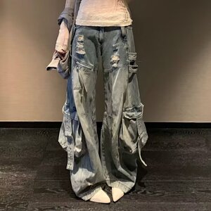 美式高街复古蓝色工装牛仔裤低腰宽松直筒拖地阔腿裤图片