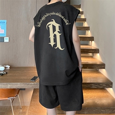 直播美式麂皮绒宽松背心无袖t恤短裤大码两件套套装TZ63-P58，男装T恤，电商A486