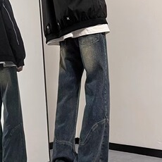 美式高街复古高腰阔腿牛仔裤男女生春秋新款宽松显瘦微喇直筒裤子，男装牛仔裤，星座302B