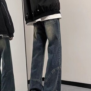 美式高街复古高腰阔腿牛仔裤男女生春秋新款宽松显瘦微喇直筒裤子图片