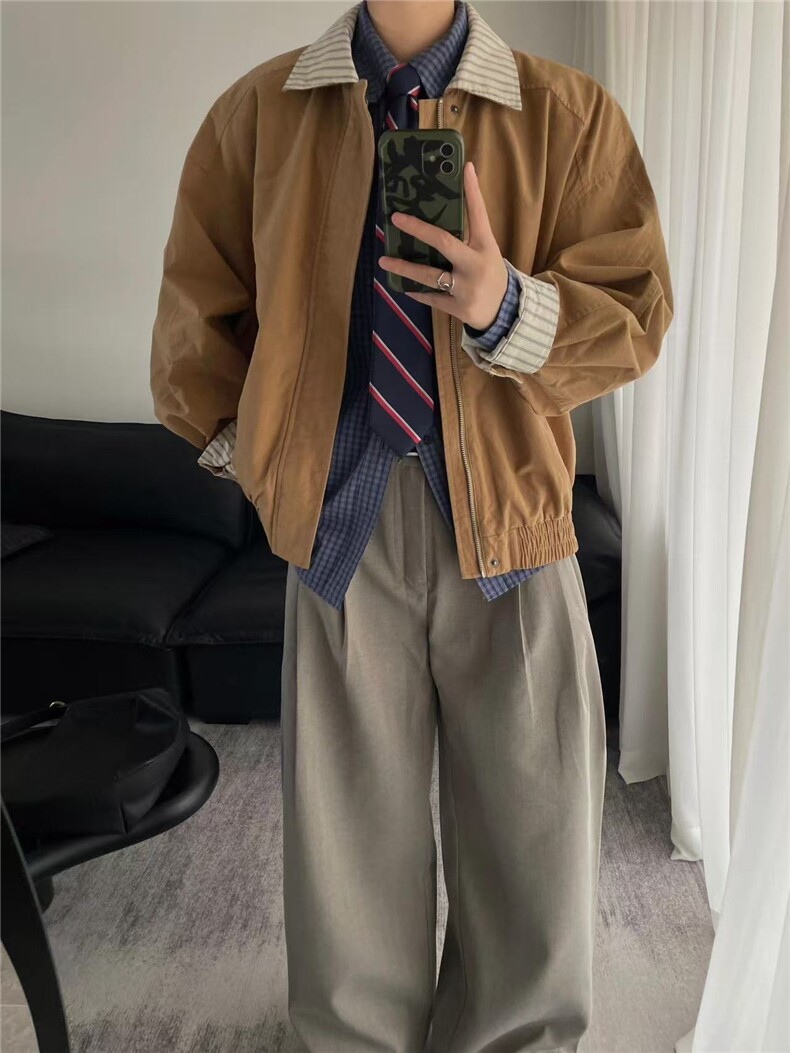 网图条纹拼接假两件外套男美式复古廓形飞行员夹克JKT15-特P68,男装夹克,星座1007（原301D）