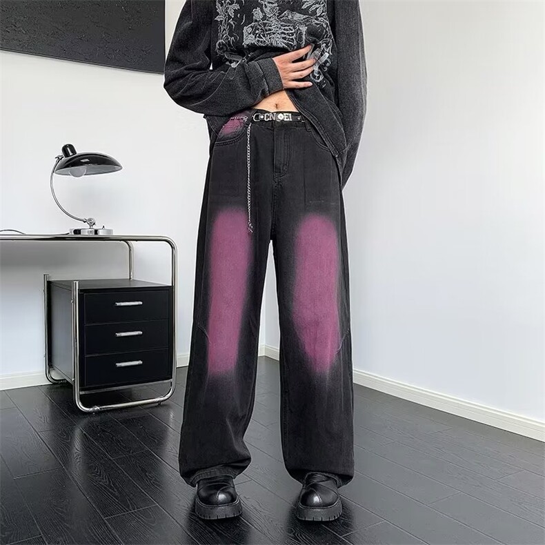 涂鸦洗水牛仔裤男秋季大码设计感直筒宽松休闲阔腿长裤子1298-P43，男装牛仔裤，星座910-5