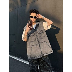 美式复古做旧连帽马甲潮流宽松休闲时尚设计感夹克，男装夹克，星座410-7