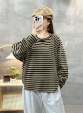 2025秋冬百搭:插肩袖条纹拼接长袖，女装T恤，湘姗