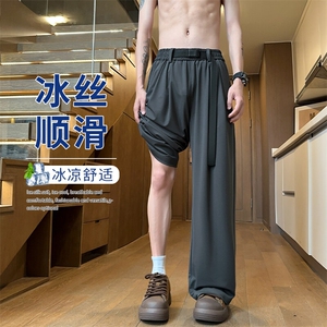 特批P30无差价夏季复古腰带凉感冰丝垂感顺滑宽松休闲裤男K5724B,男生着装搭配技巧知乎图片