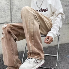 做旧水洗牛仔裤美式街头宽松直筒坠感咖色破洞阔腿长裤男5070P40，男装牛仔裤，星座410-2