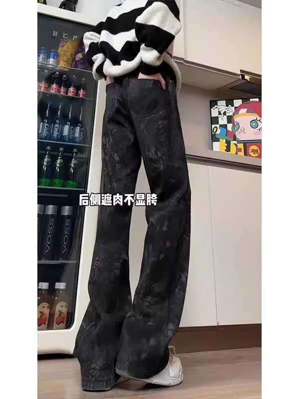 美式复古迷彩蛇纹牛仔裤男潮牌痞帅直筒微喇裤LS60311-P44加绒53,男装牛仔裤,星座1008