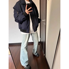 藏青色美式复古飞行员夹克翻领工装外套短款棒球服JK016特P53，男装夹克，星座908-1