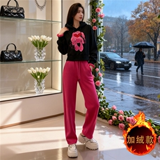 休闲运动套装女秋冬新款潮流时尚卡通刺绣连帽卫衣直筒长裤两件套，女装套装/套裙，江南