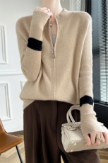 秋冬100羊毛拉链开衫女立领拼色加厚针织毛衣宽松休闲羊绒外套，女装羊毛衫，朝辰羊绒