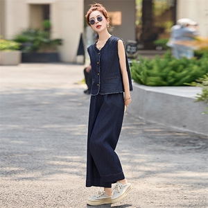 复古休闲牛仔马甲女2025春夏季新款小香风减龄阔腿裤T恤三件套图片