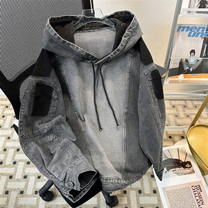 美式复古做旧拼接牛仔卫衣连帽外套潮牌欧美街头vint机车服男图片
