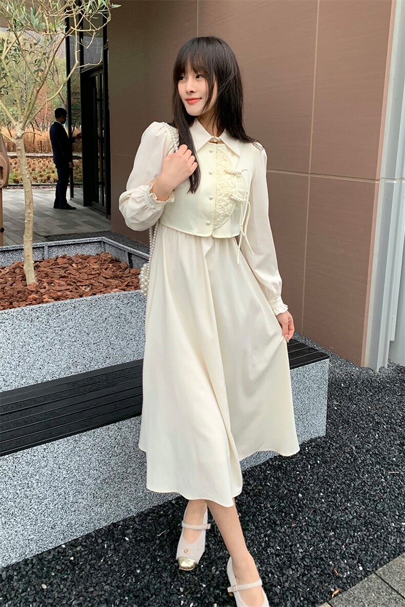 现货2024年春季女金典时尚潮流新中式复古盘扣网红假两件套连衣裙,女装连衣裙,煊芮熙