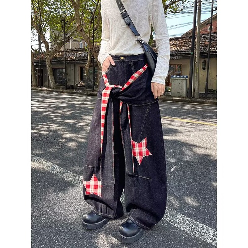 复古格子拼接屁帘弯刀牛仔裤男高街痞帅宽松休闲阔腿裤N0720-P70,男装牛仔裤,星座308B-2