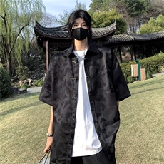 2024夏季潮宽松休闲提花中袖黑色白色宽松高品质衬衣C1272p45，男装衬衫，星座1013
