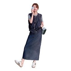 深蓝色复古牛仔套装裙女2025夏季新款小个子减龄马甲半身裙两件套，女装套装/套裙，2C316