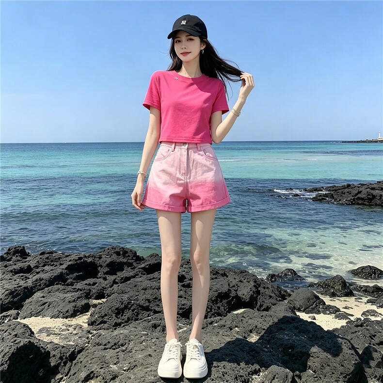 欧韩时尚潮流套装女夏新款玫红色圆领短袖上衣粉色牛仔短裤两件套,女装套装/套裙,江南
