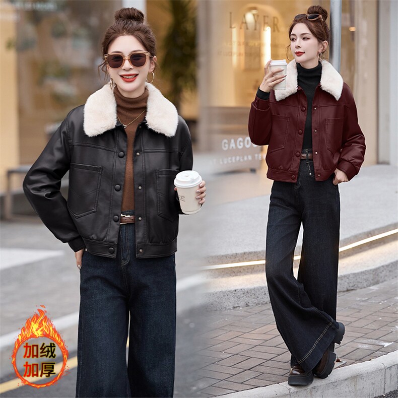 现货海宁f仿真皮皮衣女加绒加厚短款2024冬季新款女士宽松皮外套图片