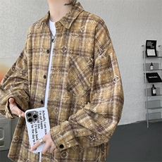 衬衫男秋季新款港风宽松大码磨毛格子扎染长袖衬衣CS506-P35，男装衬衫，星座214-3