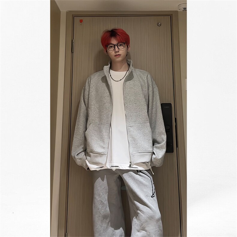 春秋基础纯色立领长袖卫衣男宽松开衫外套潮KS018-P45,女装短外套,电商B306