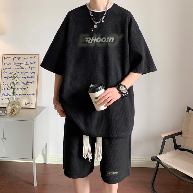 套装！华夫格套装男T恤短裤两件套大码港风TZ120-P50，男装休闲套装，电商B367