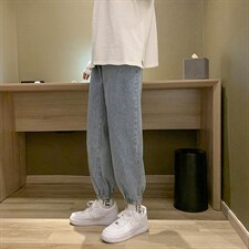 现货2025男春装港风纯色束脚复古抽绳牛仔裤D201-DM08-P40,男装牛仔裤,电商D321-1