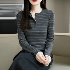 2025年秋季新款条纹长袖针织女士羊毛衫时尚休闲通勤百搭，女装羊毛衫，朝思羊绒