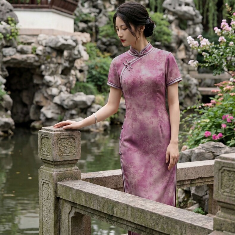 夏季新品时尚气质金丝提花弹力香云纱品质真丝喜庆中长款旗袍裙,女装汉服/婚纱/旗袍/礼服,媚琳依坊
