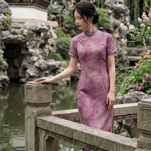 夏季新品时尚气质金丝提花弹力香云纱品质真丝喜庆中长款旗袍裙图片