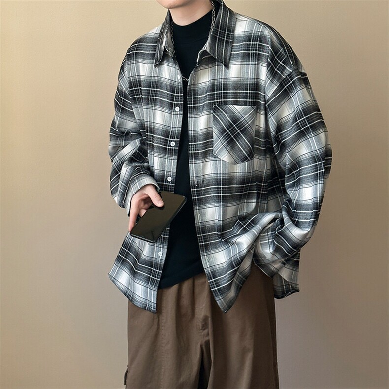 现货春秋长袖格子衬衫外套宽松潮牌休闲内搭衬衣-AC23086-特批P58,男装衬衫,电商A351