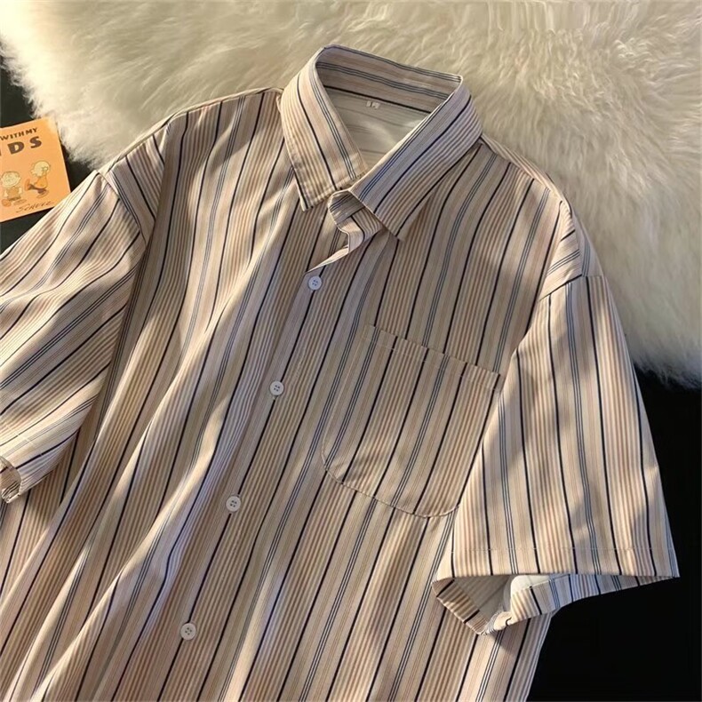 夏季条纹短袖衬衫男港风宽松休闲衬衣韩版潮流痞帅外套W3224-P32,男装衬衫,星座512-2