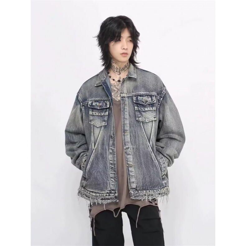 W10561-P78网图现货美式复古水洗毛边垫肩牛仔夹克外套高品质,男装工装外套,星座1608