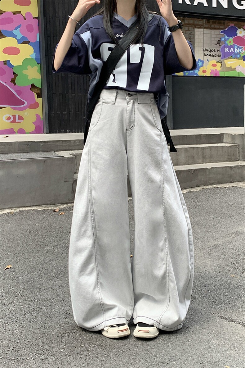 牛仔裤男女夏季2026新款美式水洗复古蓝阔腿弯刀长裤YD9006-P60,男装牛仔裤,星座509