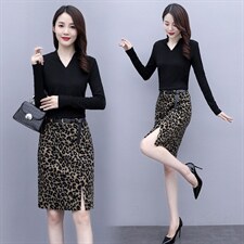 2023春季新款时尚优雅舒适高弹V领上衣+半身裙配腰带两件套，女装套装/套裙，岚衣(原川流布茜）