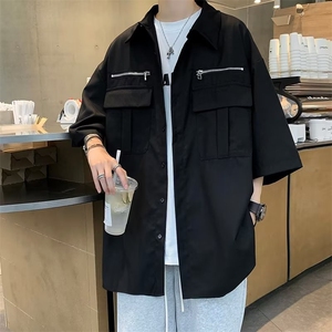 衬衫男韩版潮流短袖拉链个性帅2024夏季新款ins宽松外套CY710-P24,三木衬衫毛衣搭配图片