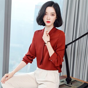 桑蚕丝长袖飘带上衣 2023春季新款领带纯色系扣真丝衬衫黄色图片