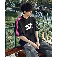 抖音得物品质二开240克宽松纯棉美式潮牌印花三条杠中性风短袖T恤，男装T恤，电商A486-1