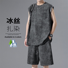 GENIOLAMODE美式休闲运动扎染背心套装男士夏季新款凉感透气整套，男装休闲套装，电商A001
