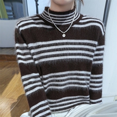 2025秋冬百搭时尚简约半高领条纹针织衫，女装针织衫/毛衣，冬贝尔貂绒