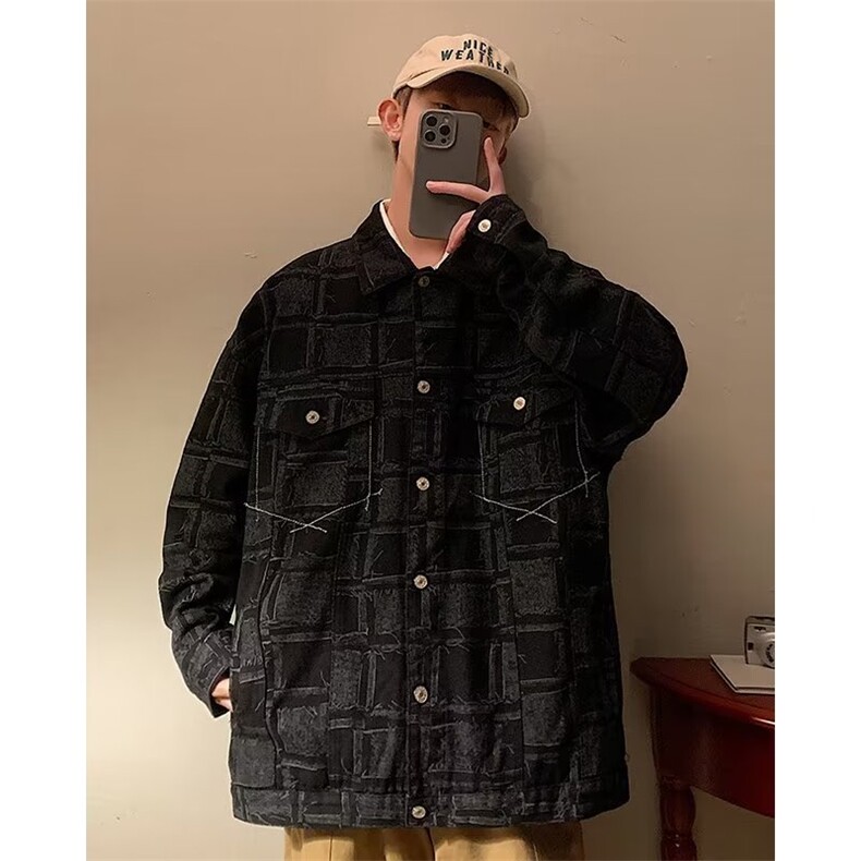 高街牛仔外套男韩版潮流格子2024春秋新款ins宽松夹克W4588-P69,男装夹克,星座412