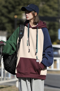 2026春季日系cityboy拼色插肩袖慵懒风上衣连帽卫衣HY270P65控98图片