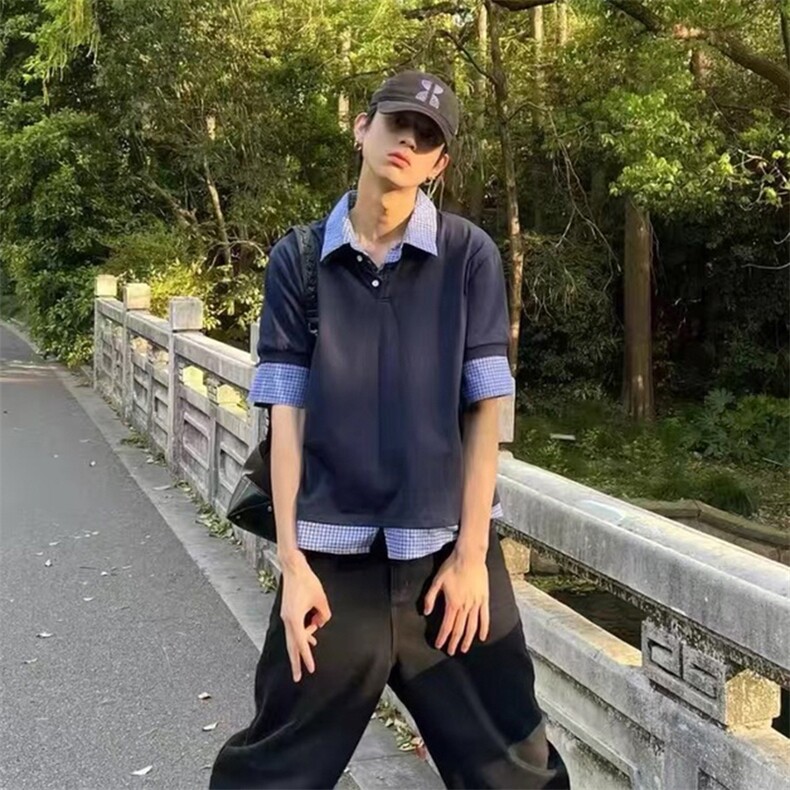 得物抖音高品质二开夏季美式潮牌高街假两件格子衬衣翻领短袖T恤,男装T恤,电商A486