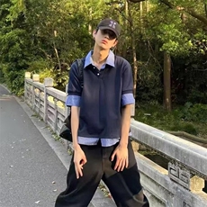 得物抖音高品质二开夏季美式潮牌高街假两件格子衬衣翻领短袖T恤，男装T恤，电商A486