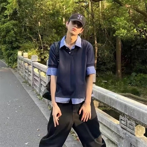 得物抖音高品质二开 夏季美式潮牌高街假两件格子衬衣翻领短袖T恤图片
