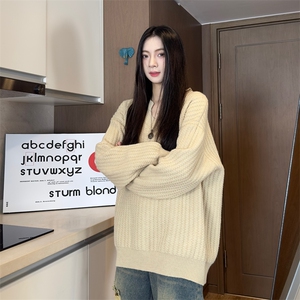 秋季新款港风设计感水波纹套头V领毛衣男女潮 XZ608-M805-P65控88图片
