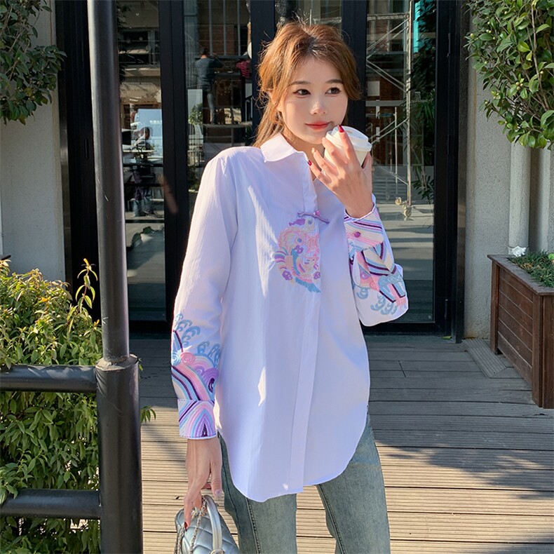 【现货】2025春新中式风重工刺绣百搭显瘦休闲盘扣纯棉衬衫,女装衬衫,2D148