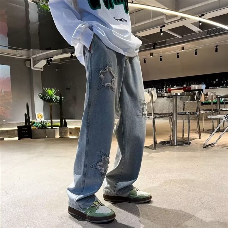 潮流春季青春流行拉链潮水洗新款直脚简约牛仔裤宽松直筒九分裤男图片